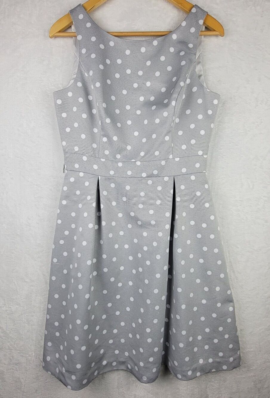 White House Black Market Dress Sz 8 Gray White Dots Flare Party Wedding Retro